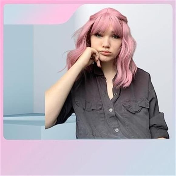Pastel WavyWig With AirBangs Women's Short Bob Purple Pink Curly Shoulder Length - Picture 4 of 6